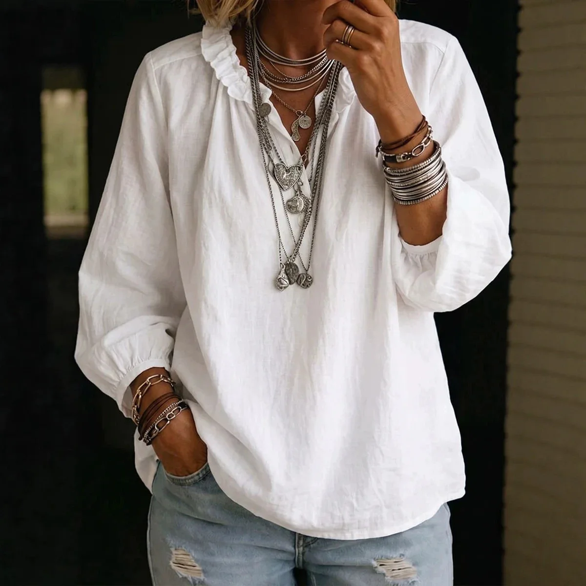 2026 Women's Summary New Collection: Short-sleeved Lightweight V-neck Pullover Shirt Loose-fitting Women's Shirt Beach Femme