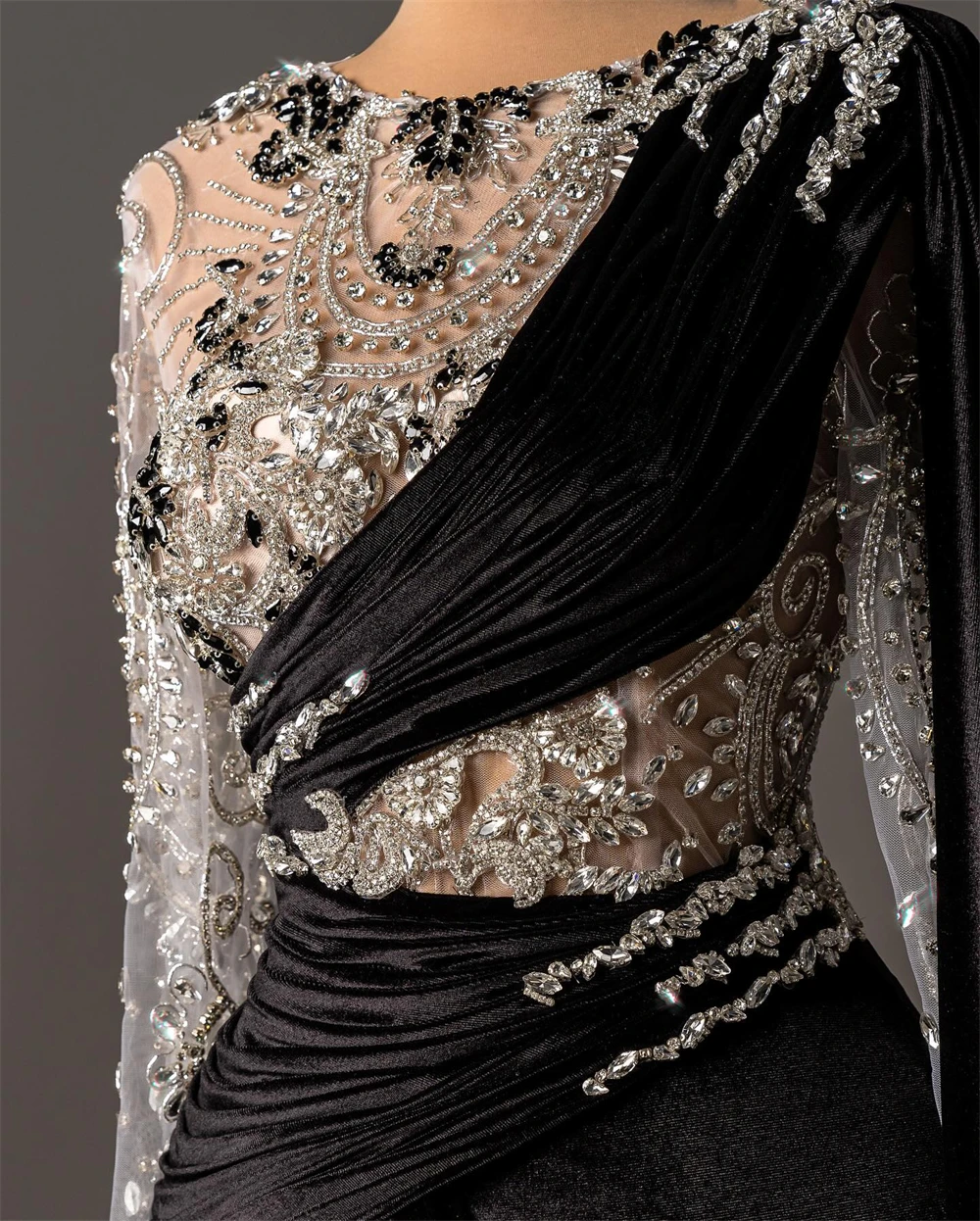 Maßgeschneidertes, hochwertiges Abendkleid aus schwarzem Velours, anmutiges Heimkehrkleid mit O-Ausschnitt und langen Ärmeln, modische Kleider für besondere Anlässe