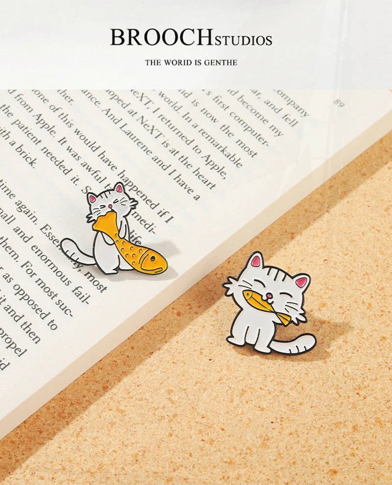 Greedy Fish White Series Pin Lapel Badge Bag Cartoon Jewelry Gift for Kid Friend Fish and Cat Enamel Brooch Custom Cute Cats