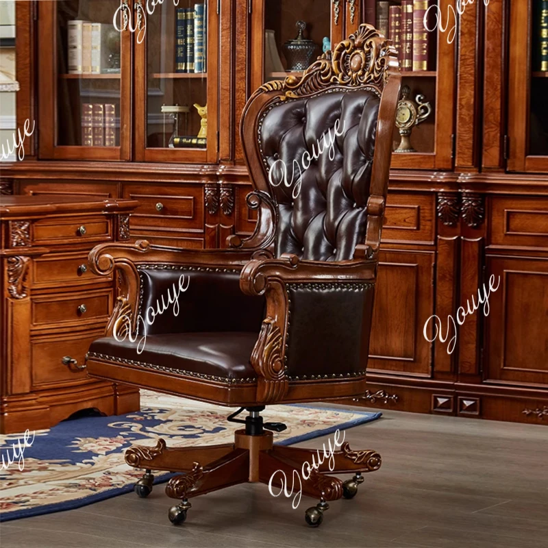 

American retro solid wood book chair leather electric board chair home office study lift swivel chair