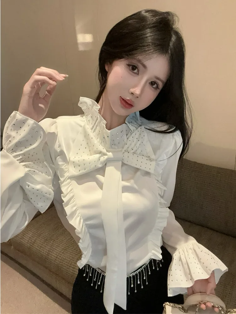 

Ezgaga Shirts Women Bow Long Sleeve Loose Slim Flare Long Sleeve Solid Sweet French Style Ruffles Blouse Female Elegant Tops