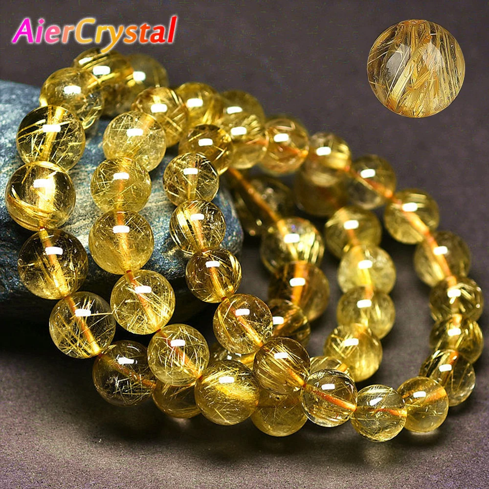 8-12mm Natural 5A Full Gold Hair Crystal Bead Hand Comes for You To Heal Spiritual Energy Elastic Rope Wealth Symbol Lucky Jewel