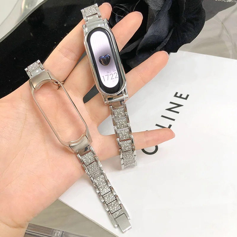 

Для Xiaomi Mi Band 8 7 6 5 ремешок Роскошный блестящий металлический браслет с бриллиантами Miband 8 5 6 Сменный браслет из нержавеющей стали Correa