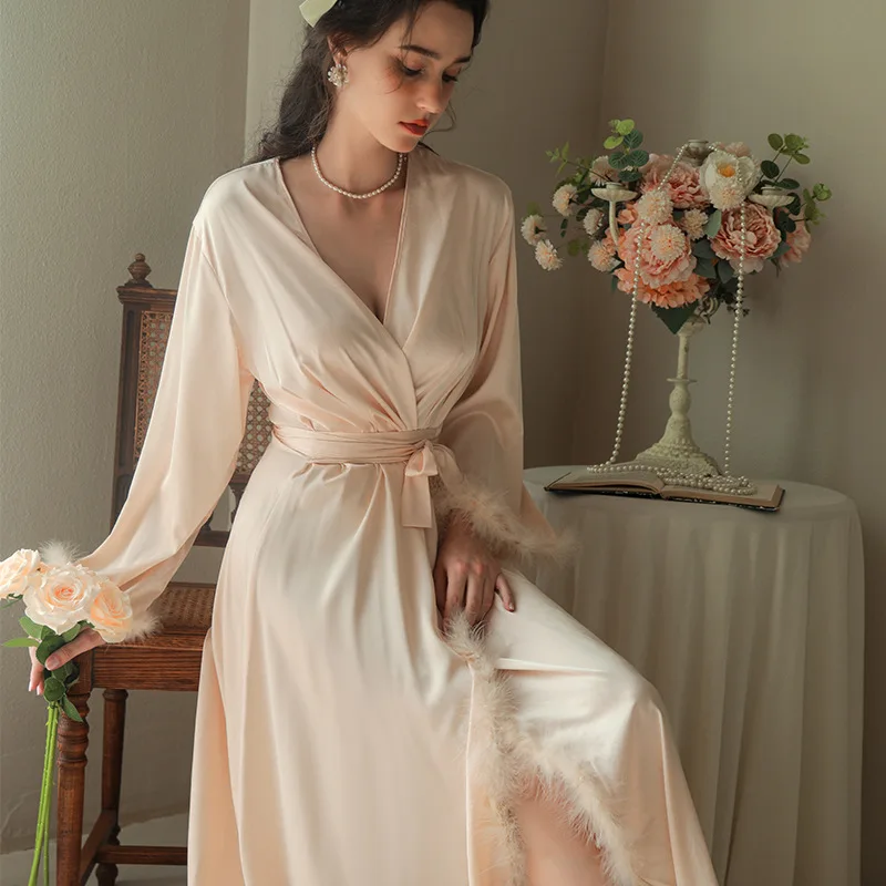 

Sexy Bride Wedding Morning Feather Robe Women Long Kimono Bathrobe Gown Spring Summer Satin Sleepwear Nightgown Loose Home Dress