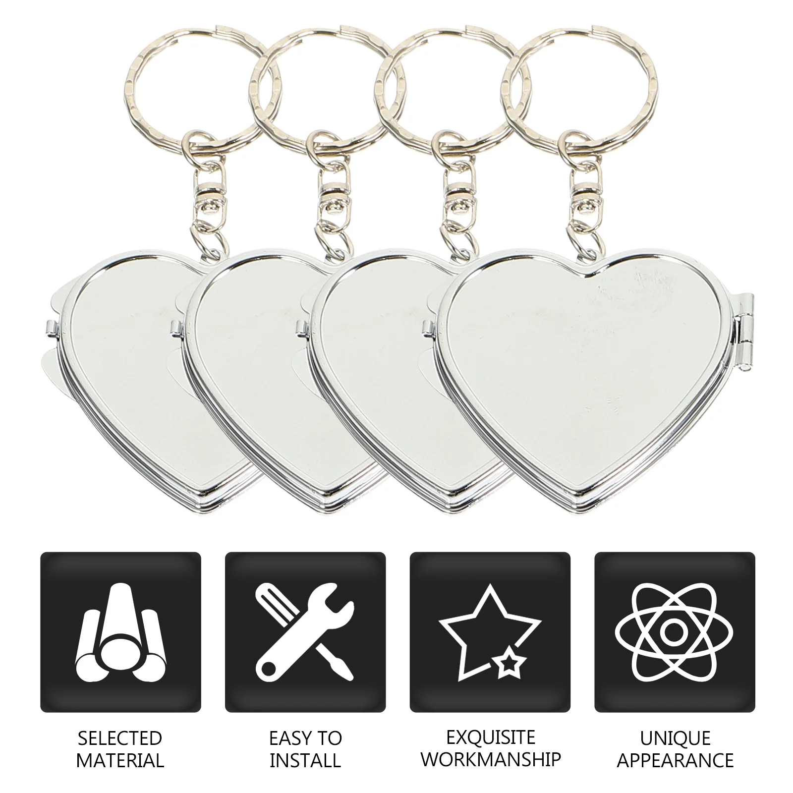 4Pcs Mini Heart Shape Folding Metal Mirror Keyring Double Sided Portable Pocket Mirror Key Chain DIY Pendant Supplies