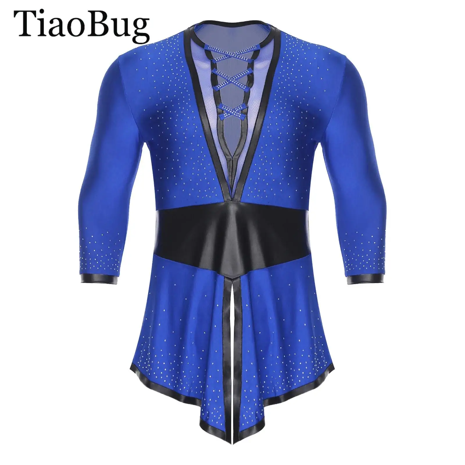 

Men Latin Dance Top Rhinestone Mesh V Neck Long Sleeve Swallowtail Dance Shirts Gymnastic Ballet Leotard Tango Ballroom Costume