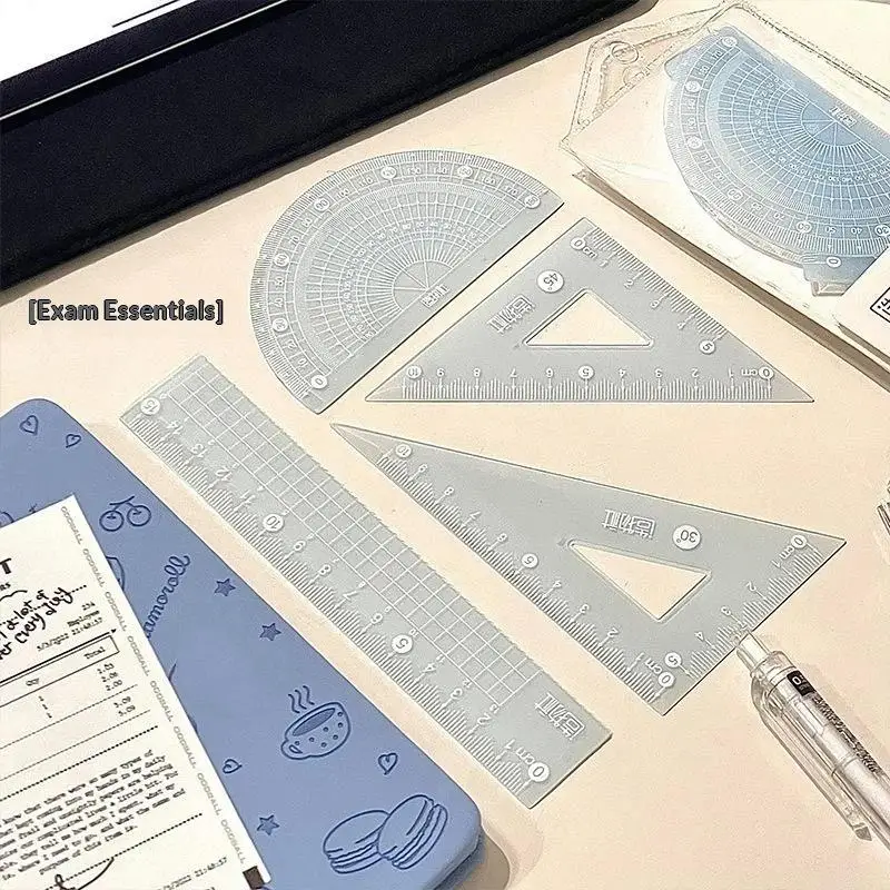 4Pcs Simple Transparent 15/20cm Ruler Set Student Triangle Ruler Protractor Drawing Tool Set Multi-functional Office Stationery