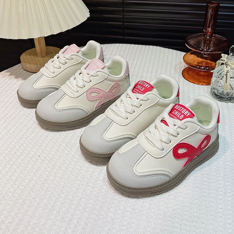 Girls Bow Decor Retro German Trainer Sneakers, Kids Leather Casual Lace Up Walking Shoes for Spring Autumn