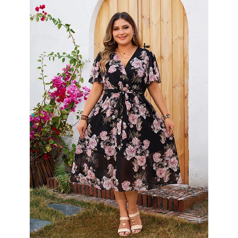 

Plus Size Casual V-neck Dresses Summer 2024 New Flutter Sleeve Floral Swing Dress Fashion Elegant Large Female Party Dresses