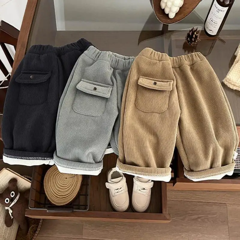 2025 Winter New Baby Fleece Corduroy Pants Kids Boys Warm Trousers Solid Infant Girl Casual Pants Loose Children Harem Pants