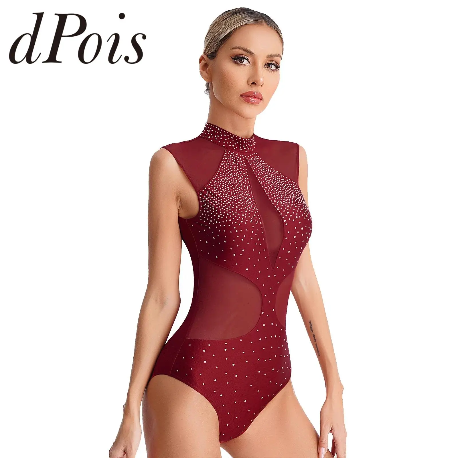 Womens Rhythmic Gymnastics Jumpsuit Figure Skating Leotard Sheer Mesh Splice Sleeveless Ballet Bodysuit for Dance Yoga Leotards