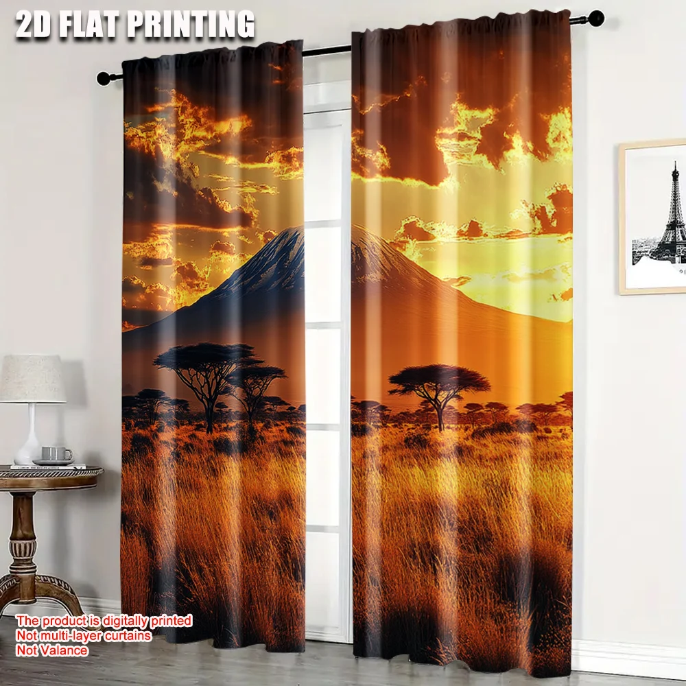 2pcs, Curtain Set 2D print African grasslands Polyester Easy Install (without rod) Decorations Clearance Ldeal for Living Room