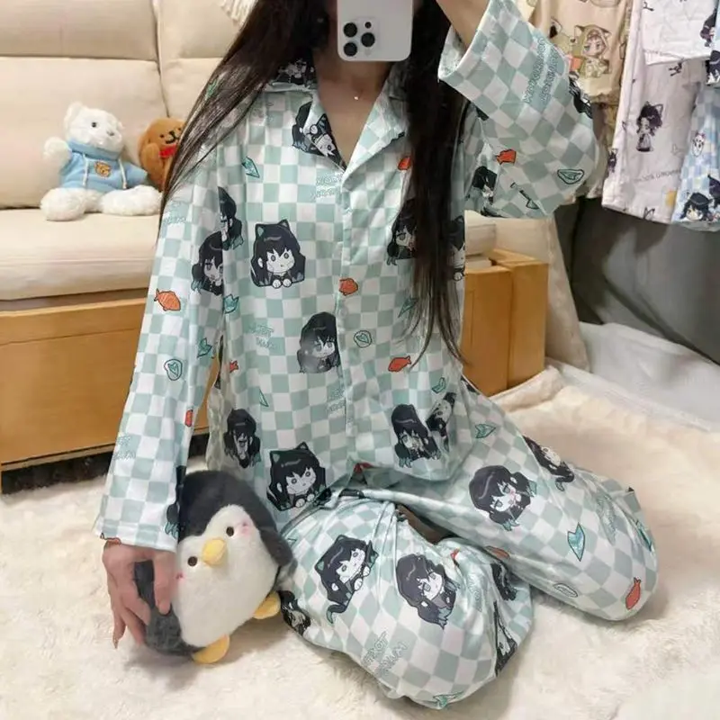 Demon Slayer Tokitou Muichirou Anime Pajamas Set Long Sleeve Plaid Sleepwear Cartoon Home Clothes For Women Fans Gift