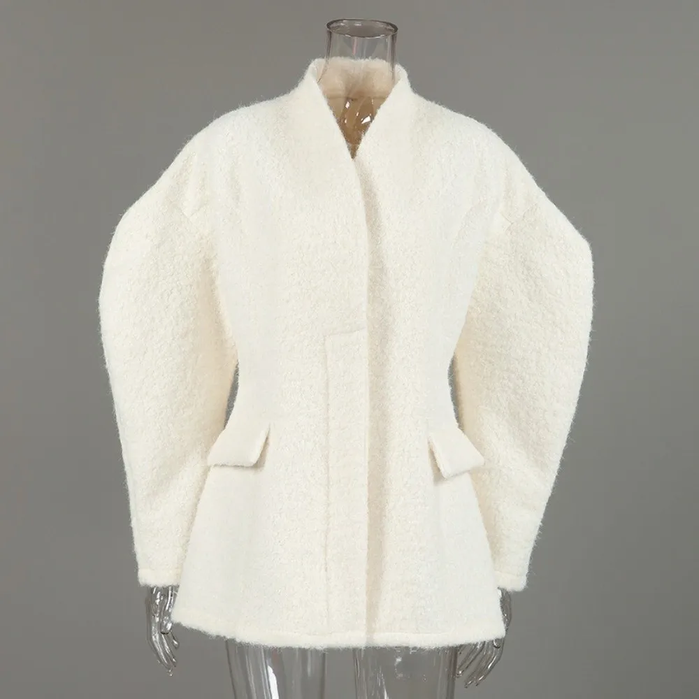 Short Length Women Short Wool Coat Fitted Waist Bubble Sleeve Wrap Neck Overcoat Bubble Sleeve Outerwear Daily Street Wear