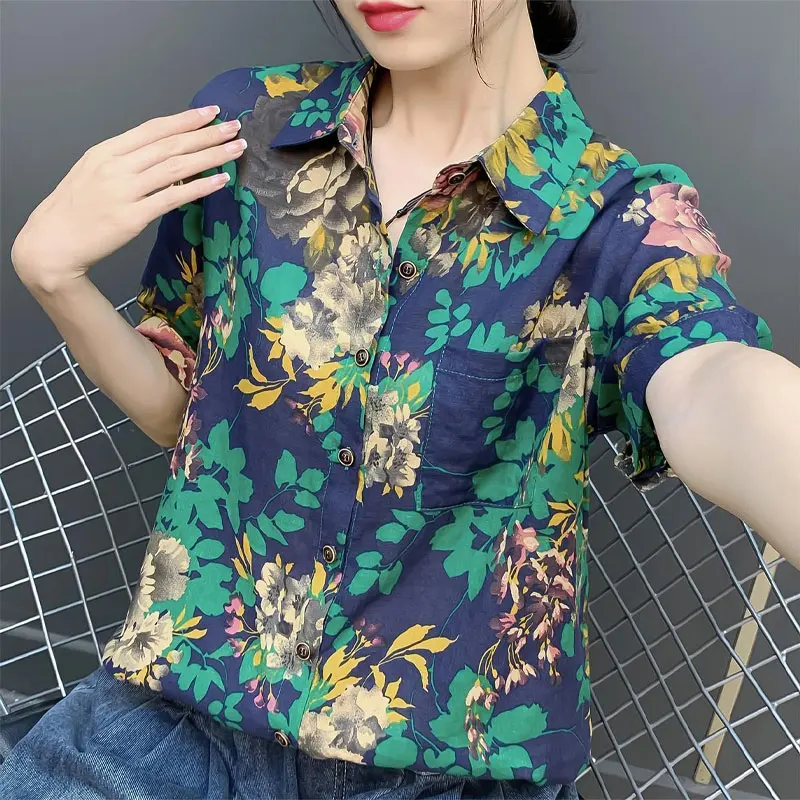 Women\'s Clothing Turn-down Collar Blouse Vintage Floral Printed Summer Short Sleeve Casual Stylish Pockets Spliced Button Shirt