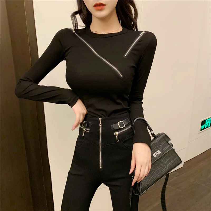 Sexy Reiß verschluss Slim Fit Pullover Frauen Herbst Winter Langarm Strick pullover Frau Streetwear aushöhlen Trikots weiblich