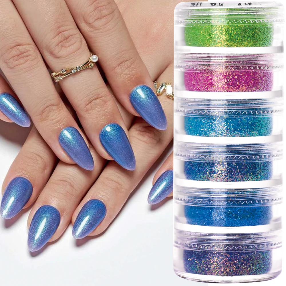 Purpurina hexagonal ultrafina para uñas, lentejuelas de sirena, camaleón, purpurina holográfica, decoración de uñas, esmalte de Gel UV DIY, 6/5Jar/lote