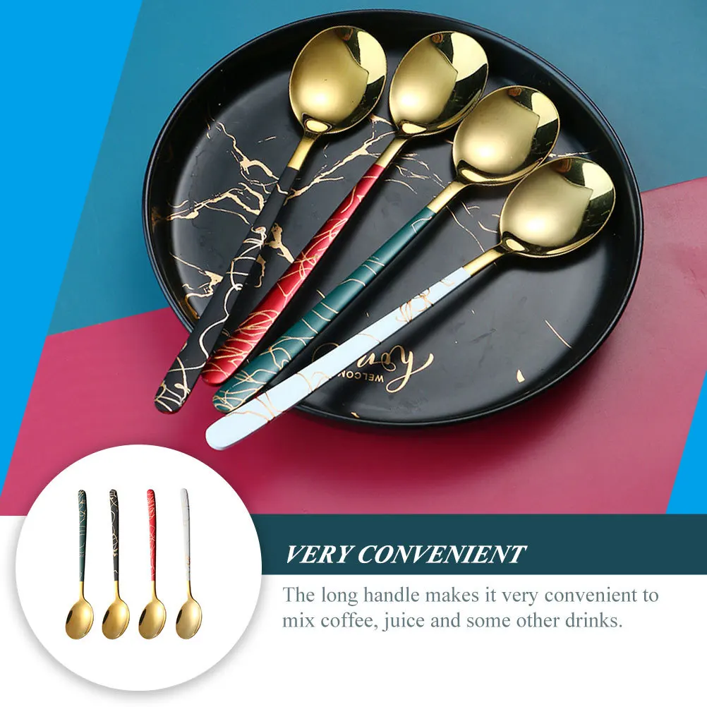

4pcs Stainless Dessert Spoon Long Handle Metal Spoons For Coffee Tea Ice Cream Mixing Drinks Kitchen Bar Tools