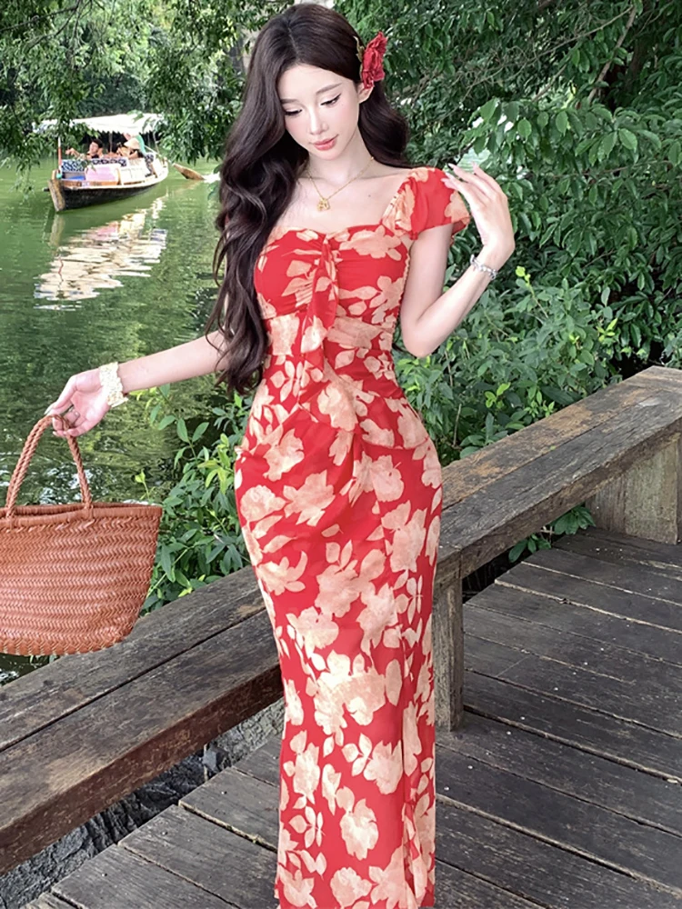 Abito lungo da donna con colletto quadrato in rete floreale rossa Abito estivo Boho elegante casual da vacanza 2025 Abito da festa coreano aderente per festival