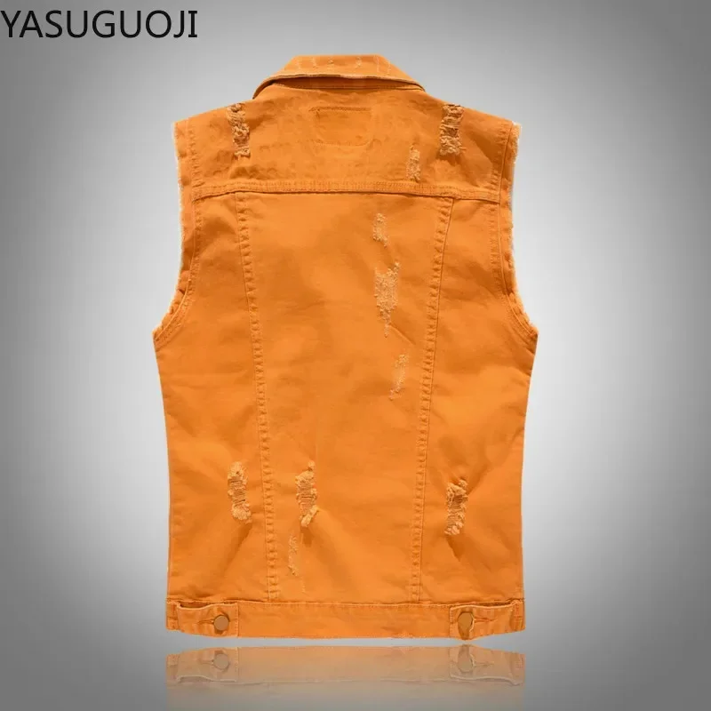 Streetwear Fashion Orange Slim Fit Ripped Stretch Denim Vest Men Fringe Holes Distressed Sleeveless Jeans Jacket Men's Waistcoat view 2
