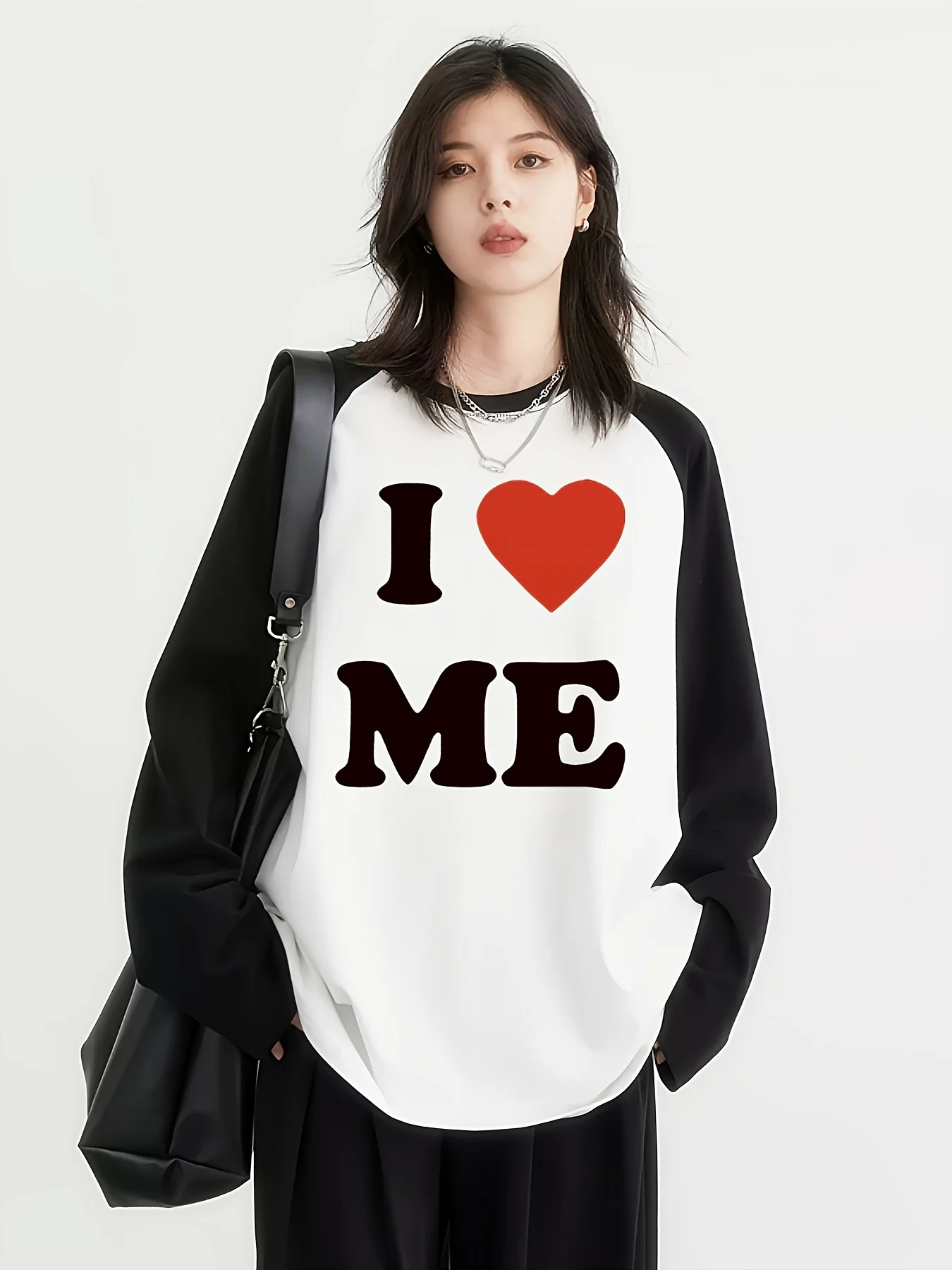 Camiseta Holgada de Manga Larga para Mujer, Estilo Y2K, Negra y Blanca, con Estampado de Letras 'I Love Myself', Ropa Casual de Calle, Primavera-Otoño