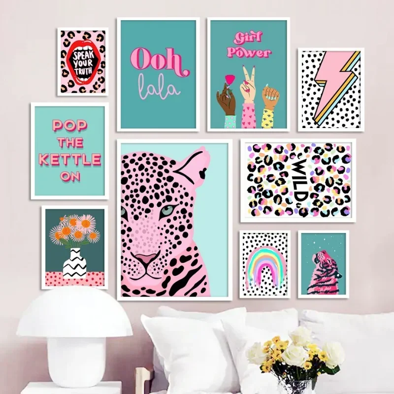 Wild Leopard Tiger Vase Flower Rainbow Girl Power Wand-Leinwandgemälde Lippen Abstraktes nordisches Poster Kunstbild für Heimdekoration
