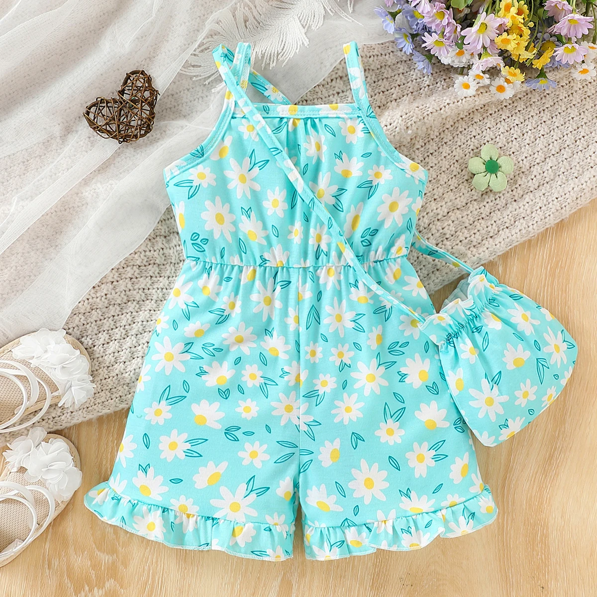 Baby Mädchen Baby modische lässige Blumen Ganzkörper bedruckter Strapsoverall (einschließlich Tasche, aber nicht Schuhe) Sommer