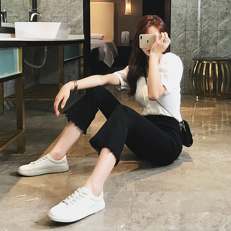 Black Bell Bottom Pants Women's Summer Thin High Waist Slim Elastic Nine Points Moustache Pants Small Eight Points