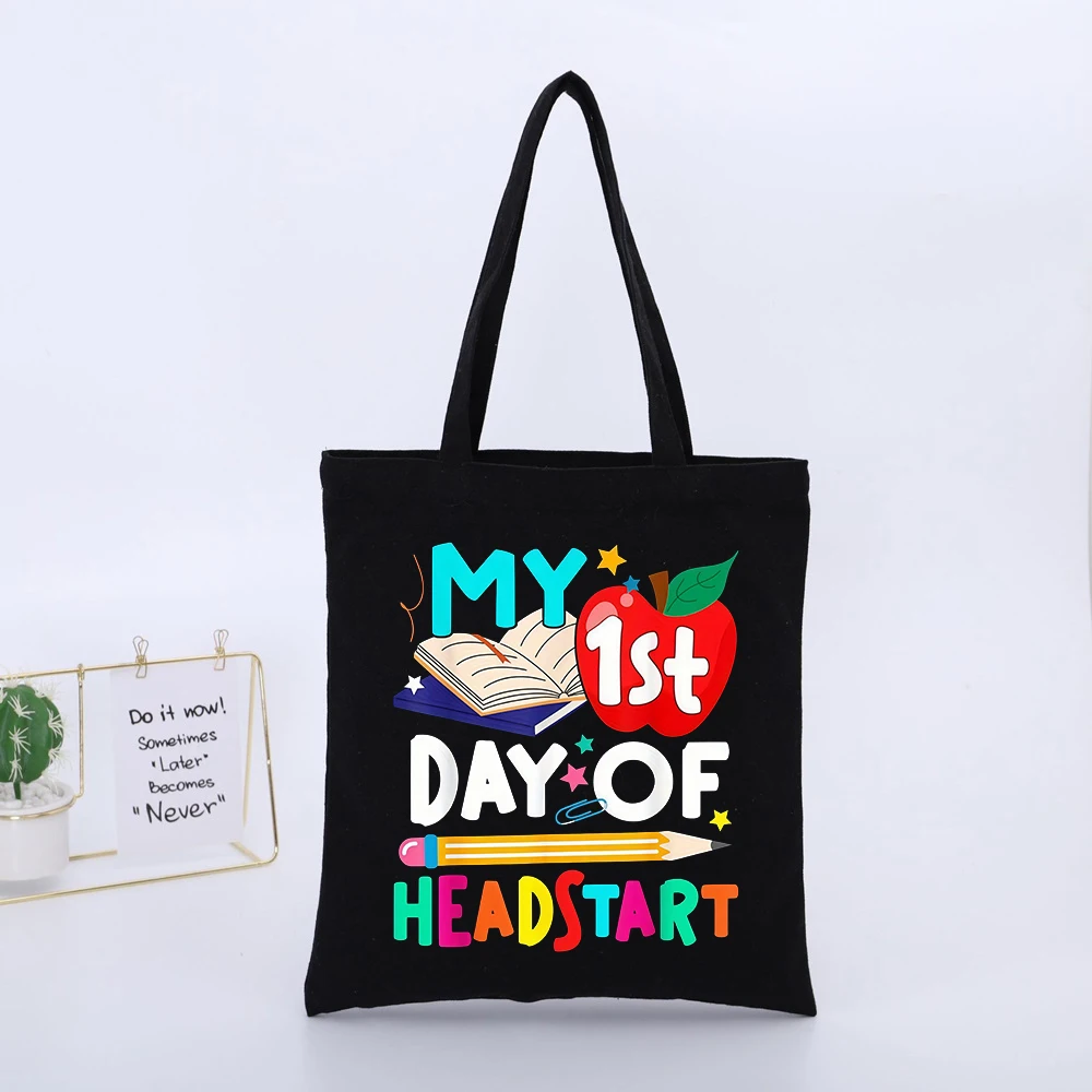 Kids' Back to School Canvas Tote Bag with Apple and Book Print, Casual Style for Headstart First Day