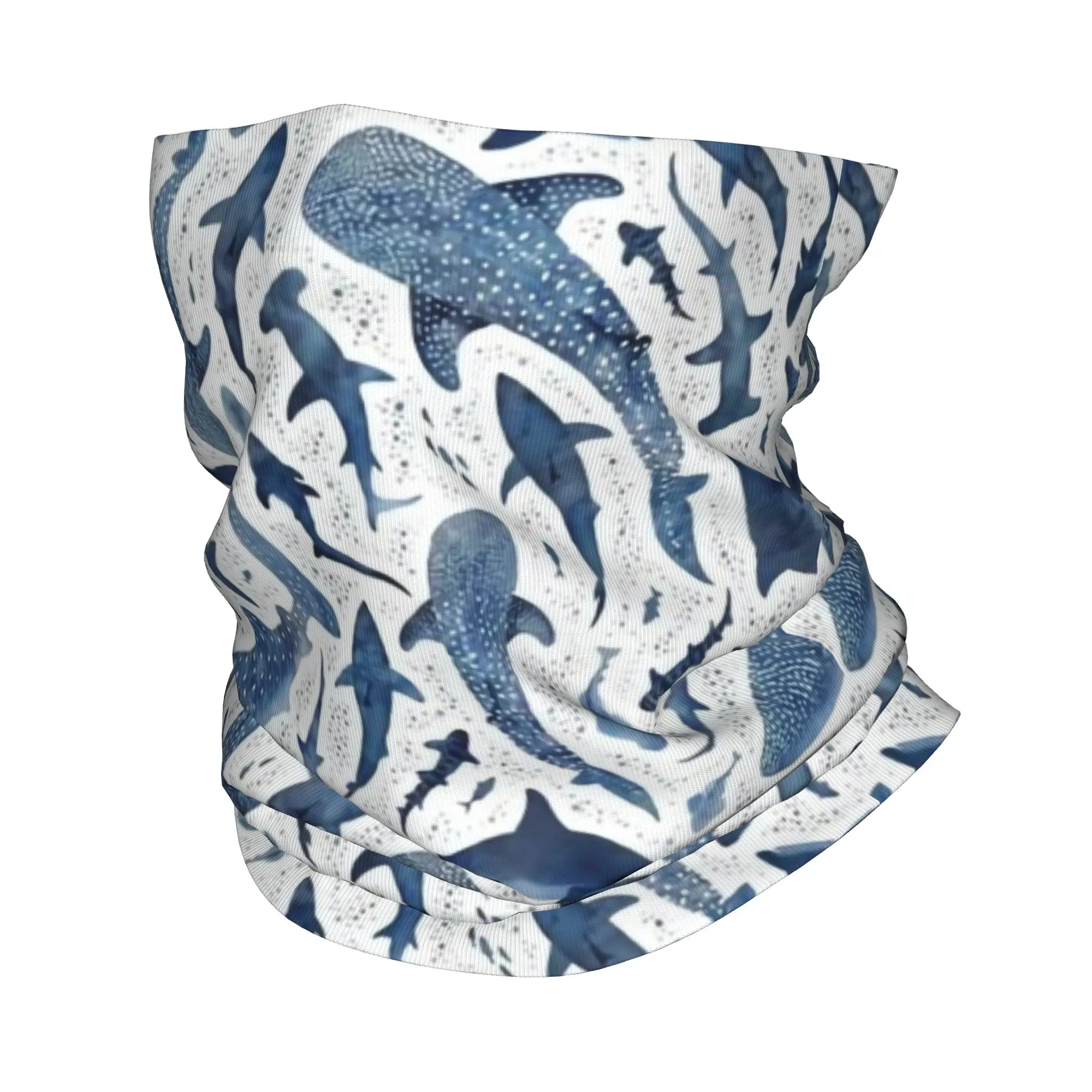 Custom Blue Watercolour Shark Bandana Neck Gaiter Windproof Face Scarf Cover Men Women Cartoon Fierce Headwear Tube Balaclava