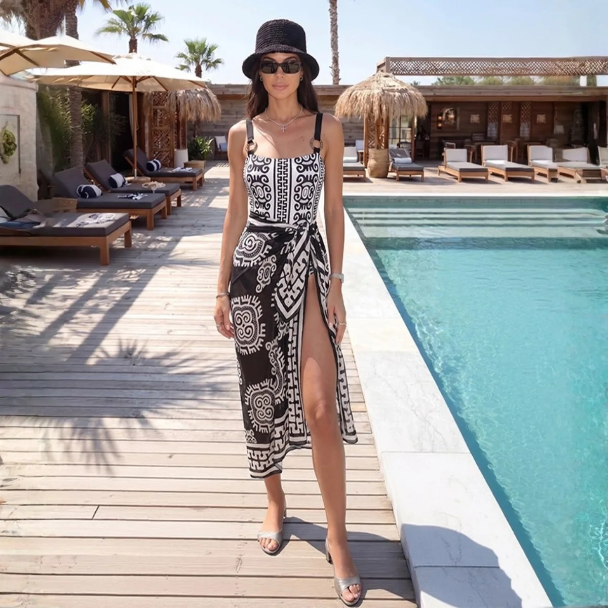 Swimwear for Women Black White Ethnic Totem Bamboo Ring Strap One Piece Swimsuit Skirt 2026 New Beachwear Bathing Suit