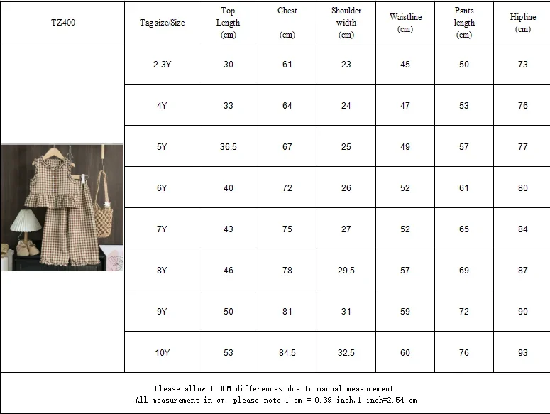 Freizeitanzug für Mädchen und Teenager im Alter von 2-10 Jahren mit kariertem Spitzenoberteil und Hose, zweiteiliges Set, koreanische Version – Detail 1