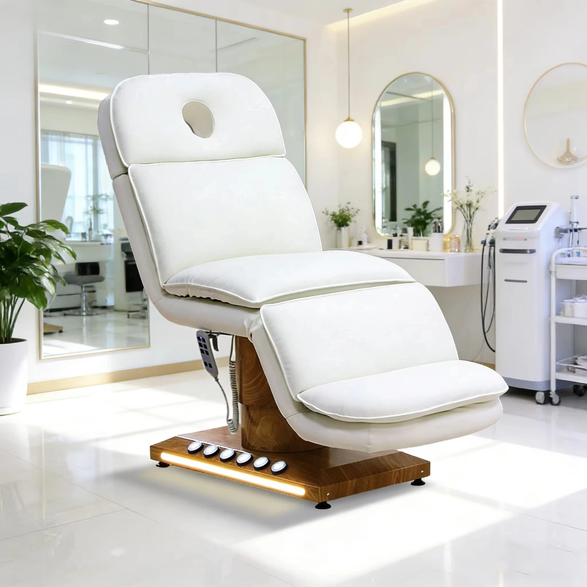 Hot Sale Wood Grain Base Foot Pedal Electric Beauty Spa Massage Bed Salon Eyelashes Folding Furniture with Light