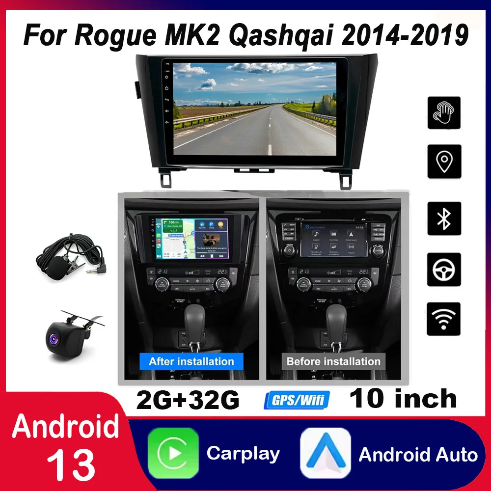 

10-дюймовая автомобильная стереосистема Car-Play, совместимая с Rogue MK2 X-Trail Qashqai 2014-2019 Android 12