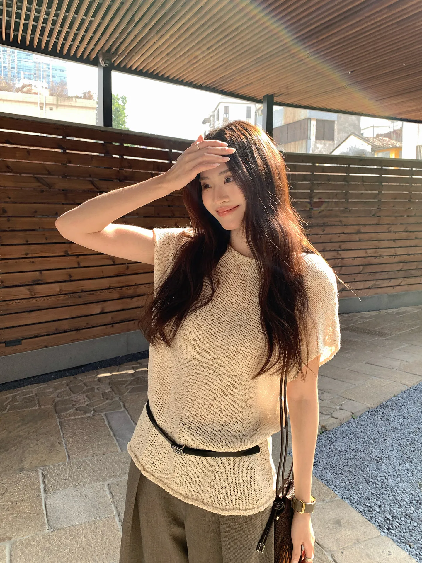 【WENRAN】Women's Beige High Waist Shorts Ruched Design Straight Cut Five-Point Pants Summer Commute Wear
