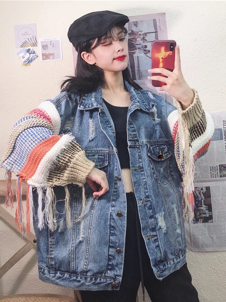 CHICEVER Colorblock Patchwork Knitted Tassel Jacket For Women Lapel Long Sleeve Casual Streetwear Denim Coats Female Fashion New - Image 2