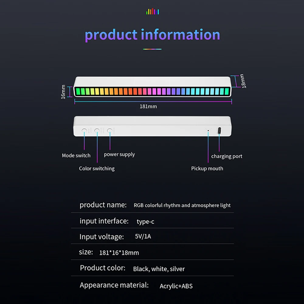 Rechargeable Rgb Activated Pickup Music Rhythm Lamp Bar Sound Control Led Ambient Usb Lights Usb Color Night Light Decoration