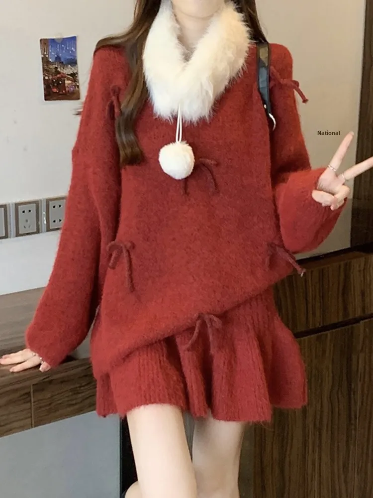 

Модный красный женский осенне-зимний комплект из двух предметов: свитер и юбка, повседневный свободный крой, большие размеры