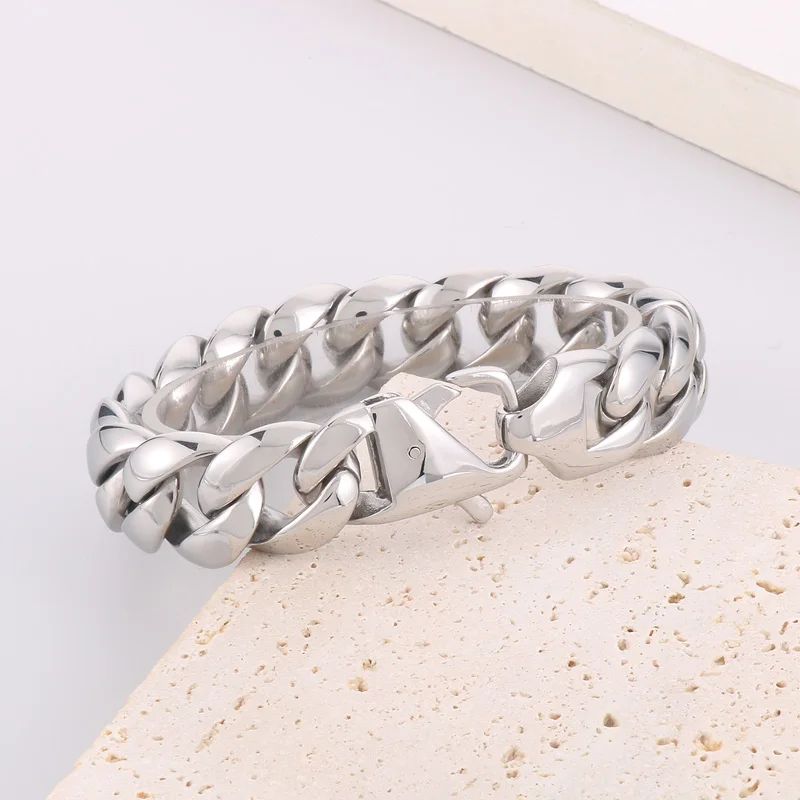 

KALEN 18mm Punk Polished Stainless Steel Cuban Chain Bracelet Men's Chunky Day Button Accessories Party Gift Fashion Jewelry