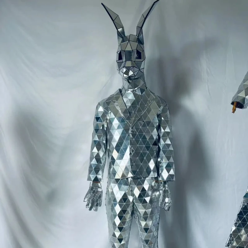 Mirror Sequins Lion Helmet Suit Sliver Disco Party DJ Stage Street Costume Nightclub Animal Hat  Halloween Cosplay Clothing