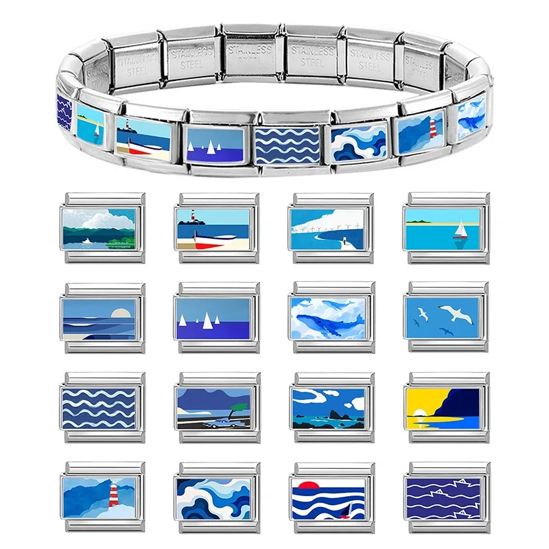 2025 Fashion Blue Series Seaside Scenery Seawave Sailing Italian Charm Links Fit 9mm Stainless Steel Bracelet Jewelry DIY Making