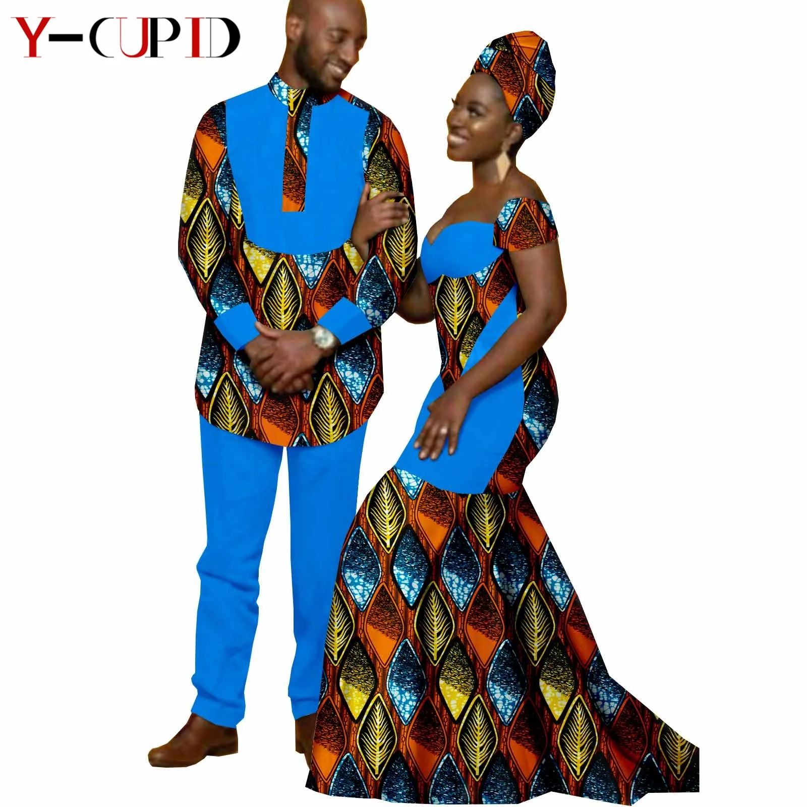 African Print Long Mermaid Dresses for Women Matching Men Outfits Dashiki Top and Pants Sets Bazin Riche Couples Clothes Y22C026