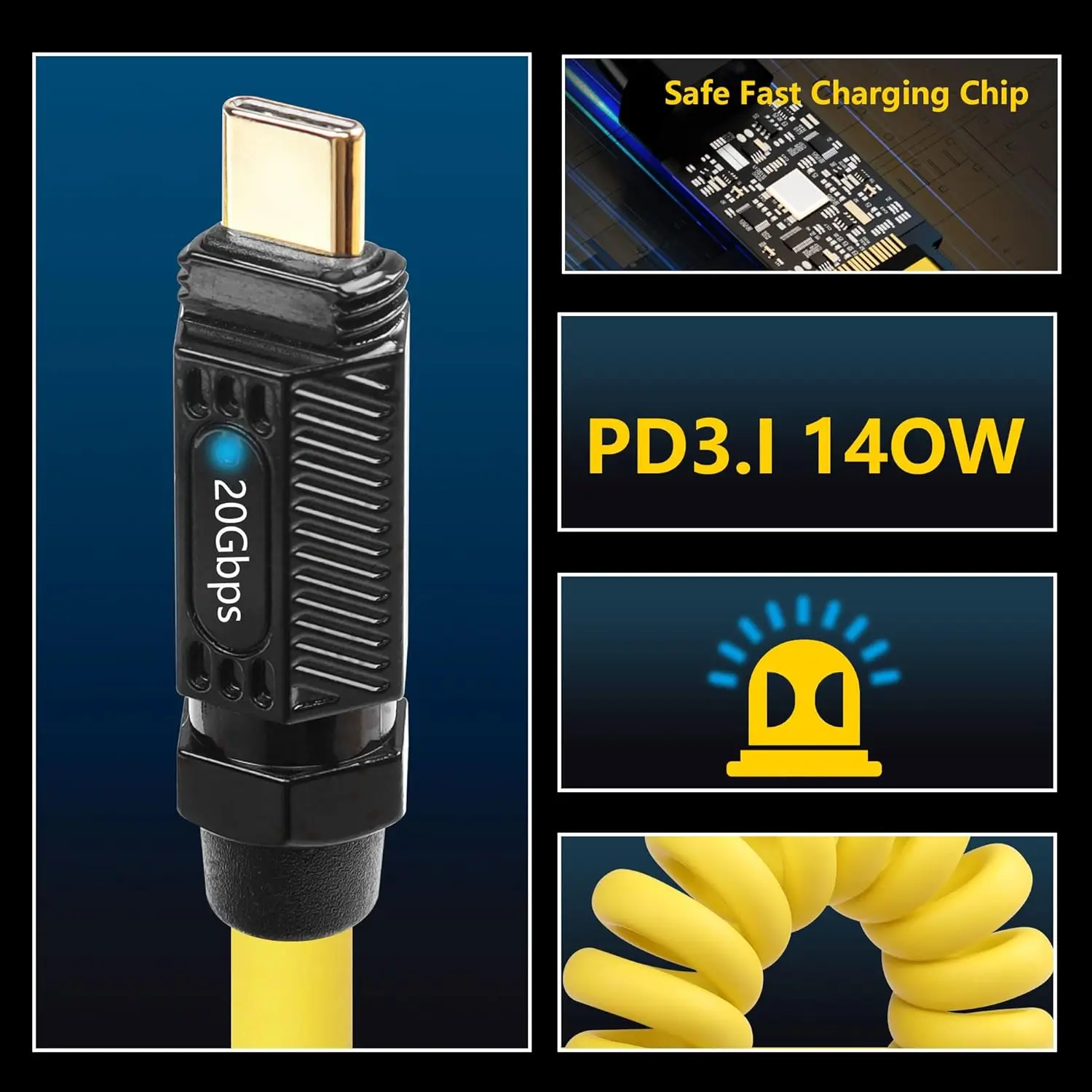 JavicTech Cable Stretch Coiled USB-C USB4 20Gbps 140W 8K for Gaming Keyboard Mouse Type-C Male to Female Extension Power & Data