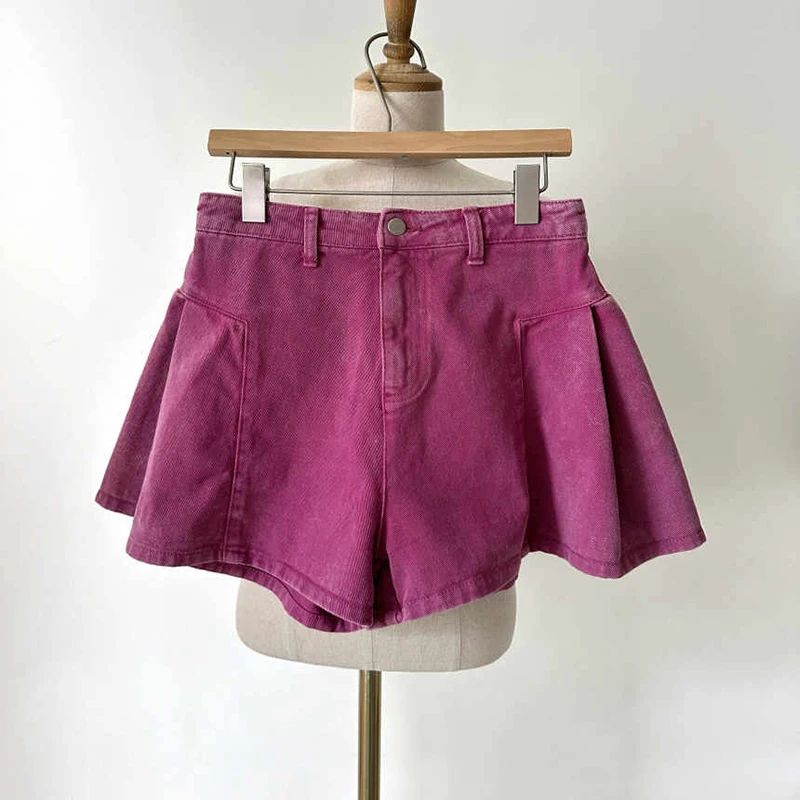 

Fashion Niche Rose Pink Denim Shorts Women Summer New High Waist Folding Design A-line Pantskirt Versatile Wide Leg Hot Shorts