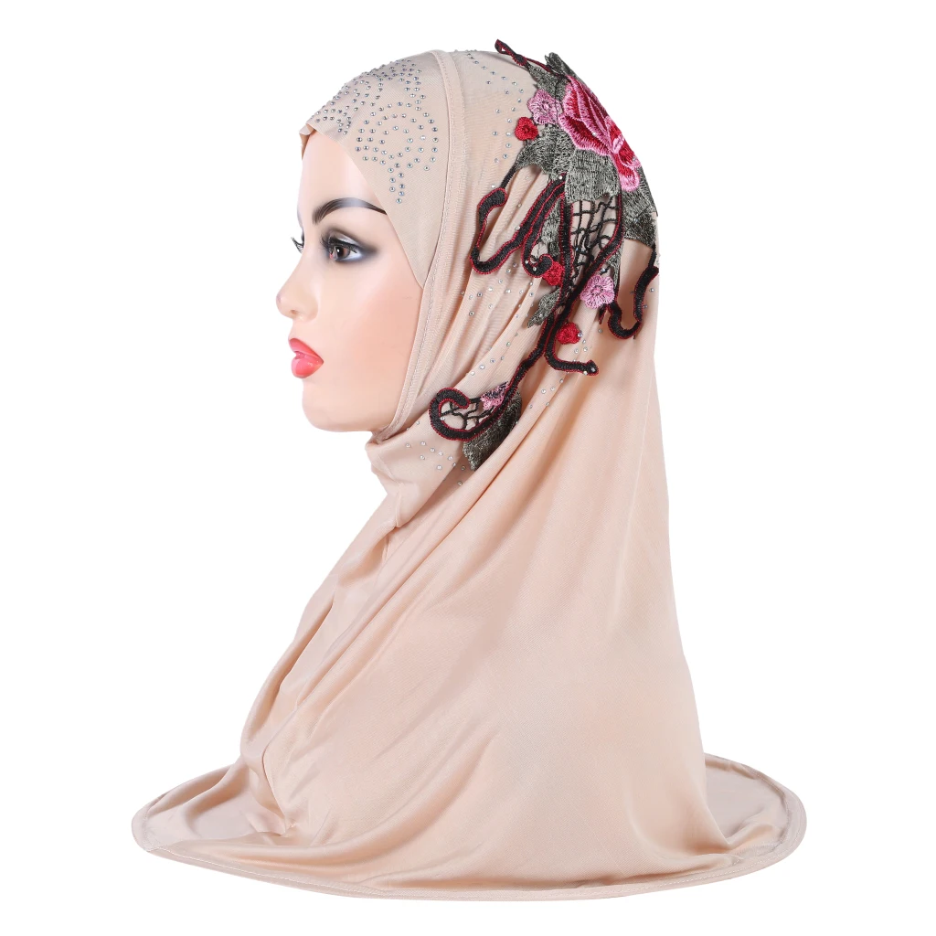 H317 حجاب إسلامي جميل للفتيات مع تطريز من الدانتيل وشاح إسلامي شال حجاب قبعة أرميا سحب على التفاف هدية رمضان