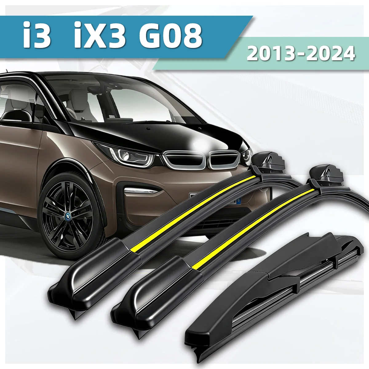3 Stück Auto-Scheibenwischer Geeignet für BMW I3 IX3 G08 2013-2024 Naturkautschukstreifen Zubehör Vordere und Hintere Wischerblätter