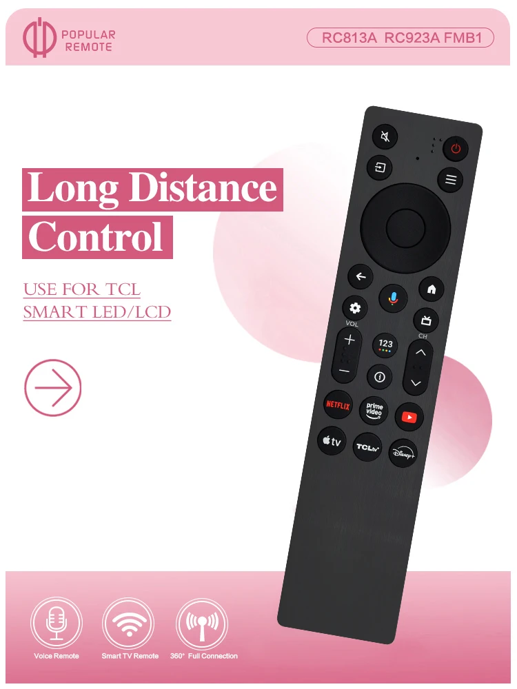 Pilot zdalnego sterowania RC923A FMB1 do telewizorów TCL Smart LED z funkcją sterowania głosowego, kompatybilny z telewizorami TCL Smart LED serii 65QM7K i 75QM6K. — zdjęcie produktu 7