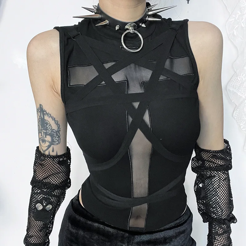2026 New Women Gothic Punk Tank Top Y2K Spiked Collar O Ring Crisscross Strap Sheer Mesh Sleeveless Slim Fit Corset Bustier Tops