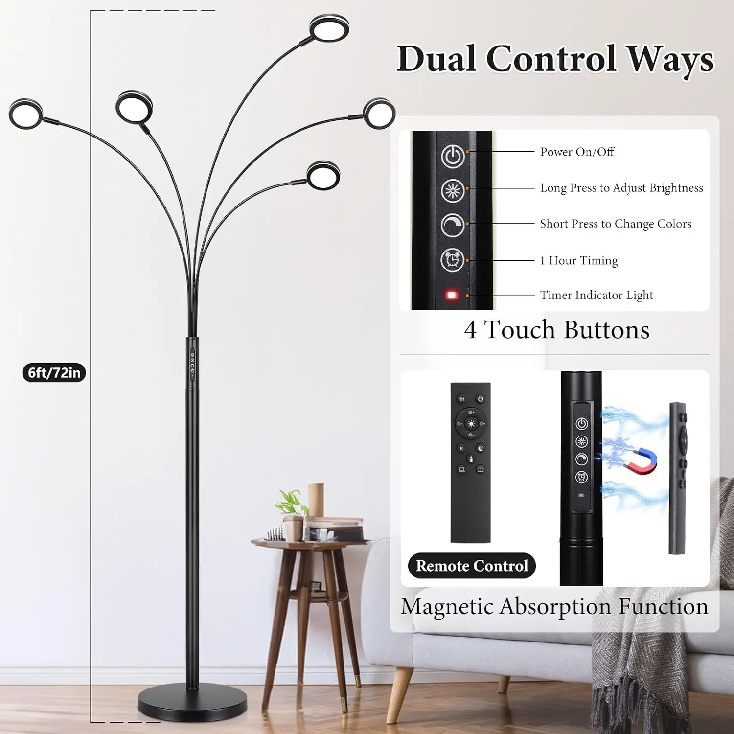 LED Arc Floor Lamp with Remote,2250LM Dimmable Floor Lamp with Timer | Adjustable Color, Brightness & 5 Adjustable Arms