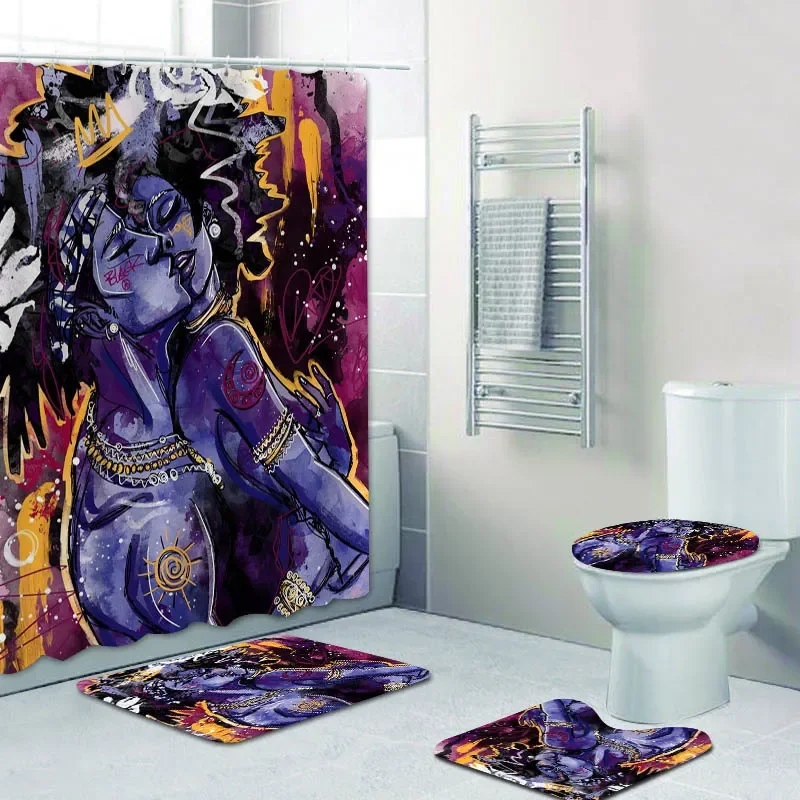 4 Pcs Afro Black Girl Shower Curtain Set Waterproof Fabric Bath Curtain Graffiti Non-Slip Bath Mat Toilet Lid Cover Decor